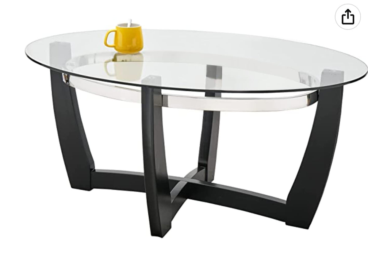 Glass Coffee Table with Solid Wood Base, 43.3''L x 29.5''W x 20.1''H B5379