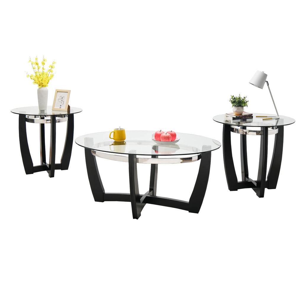 Glass Coffee Table with Solid Wood Base, 43.3''L x 29.5''W x 20.1''H B5379