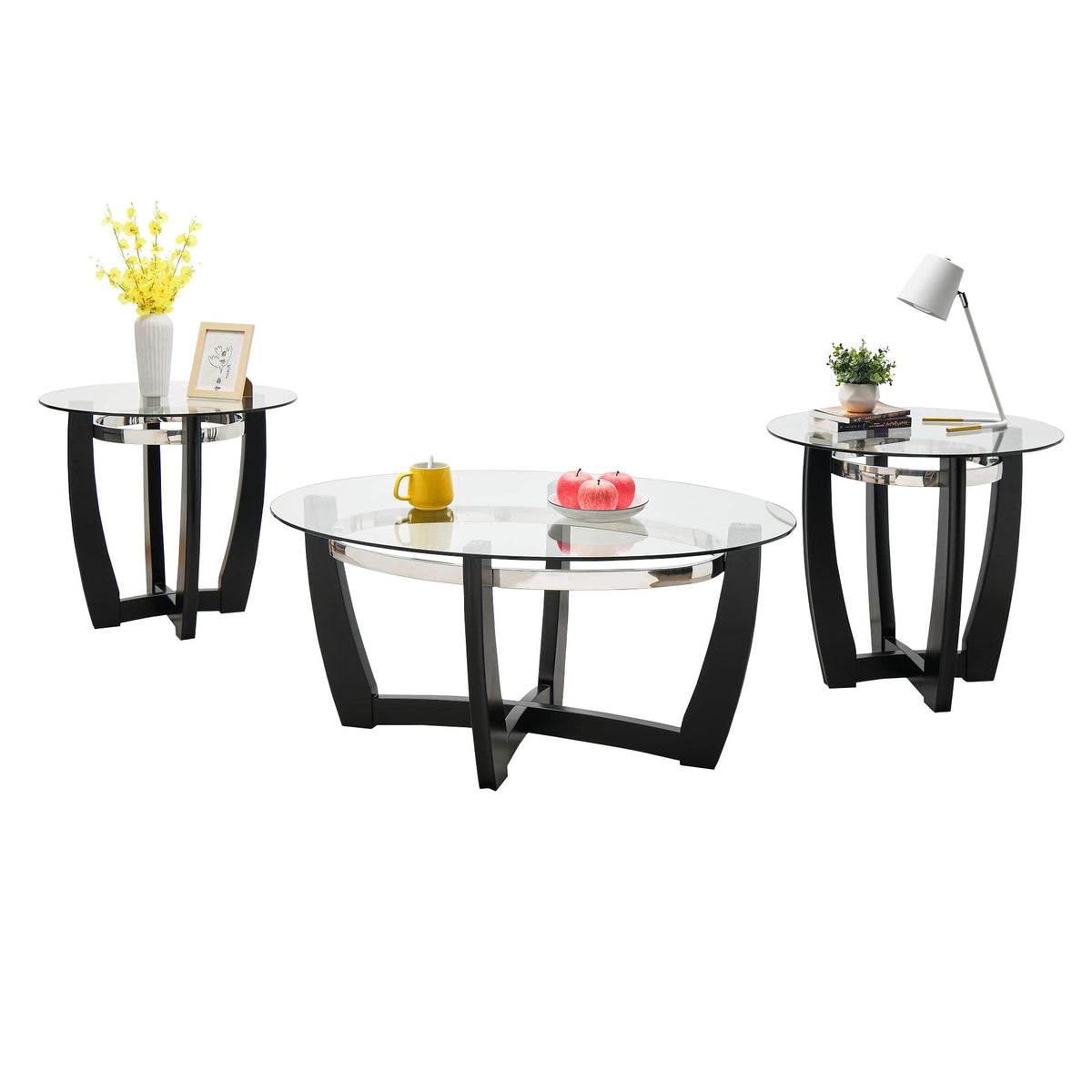 Glass Coffee Table with Solid Wood Base, 43.3''L x 29.5''W x 20.1''H B5379