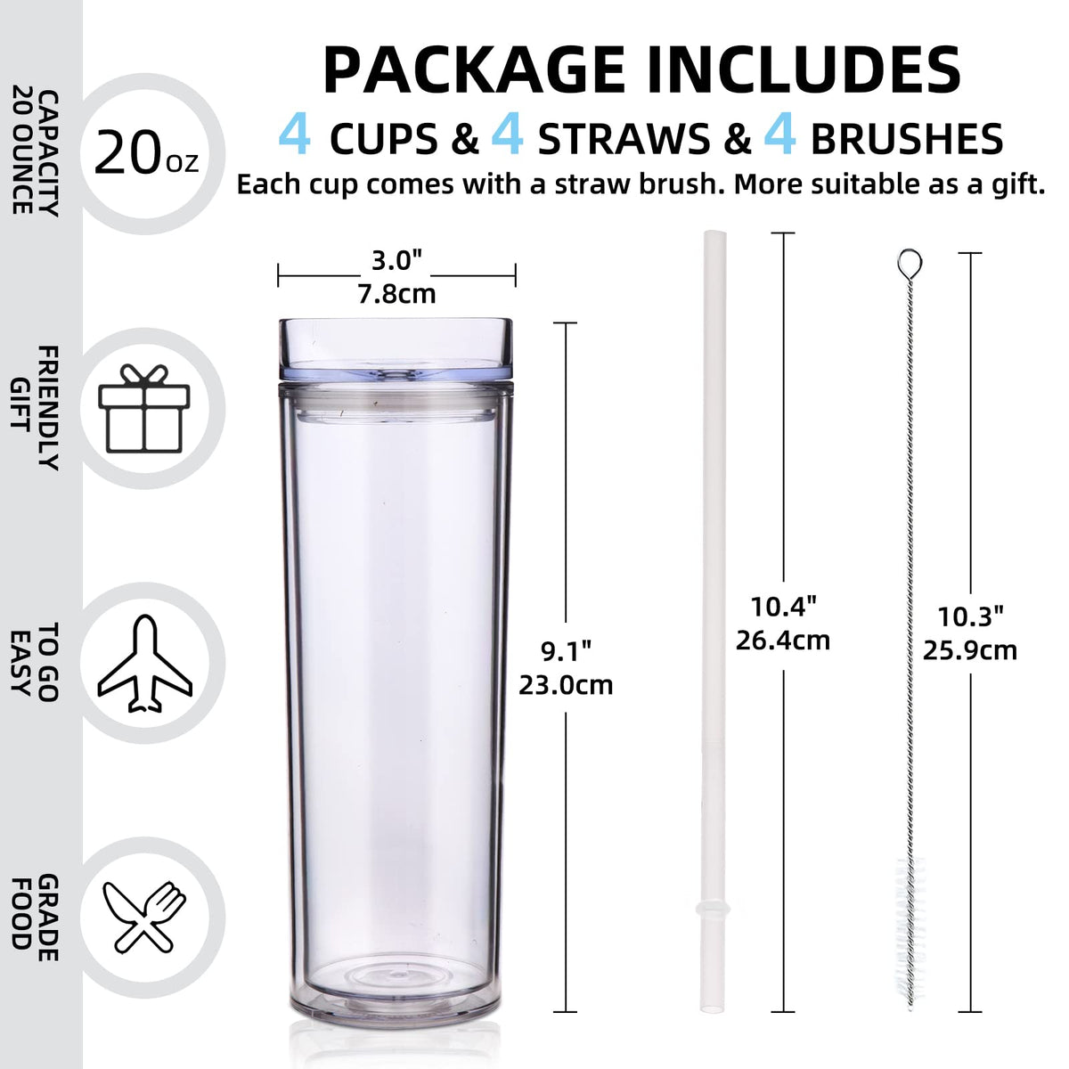 20oz Double Wall Plastic Tumbler with Lid and Straw E71162
