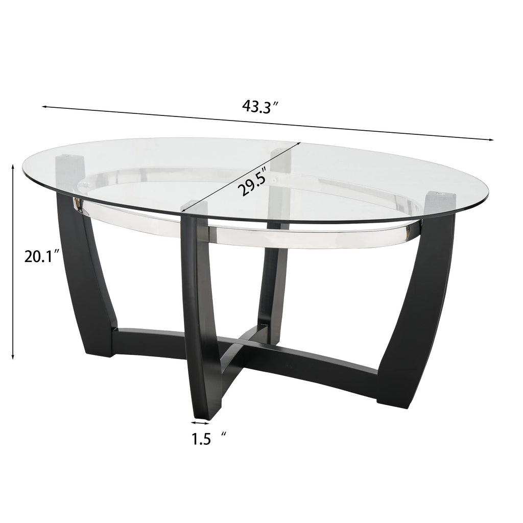 Glass Coffee Table with Solid Wood Base, 43.3''L x 29.5''W x 20.1''H B5379