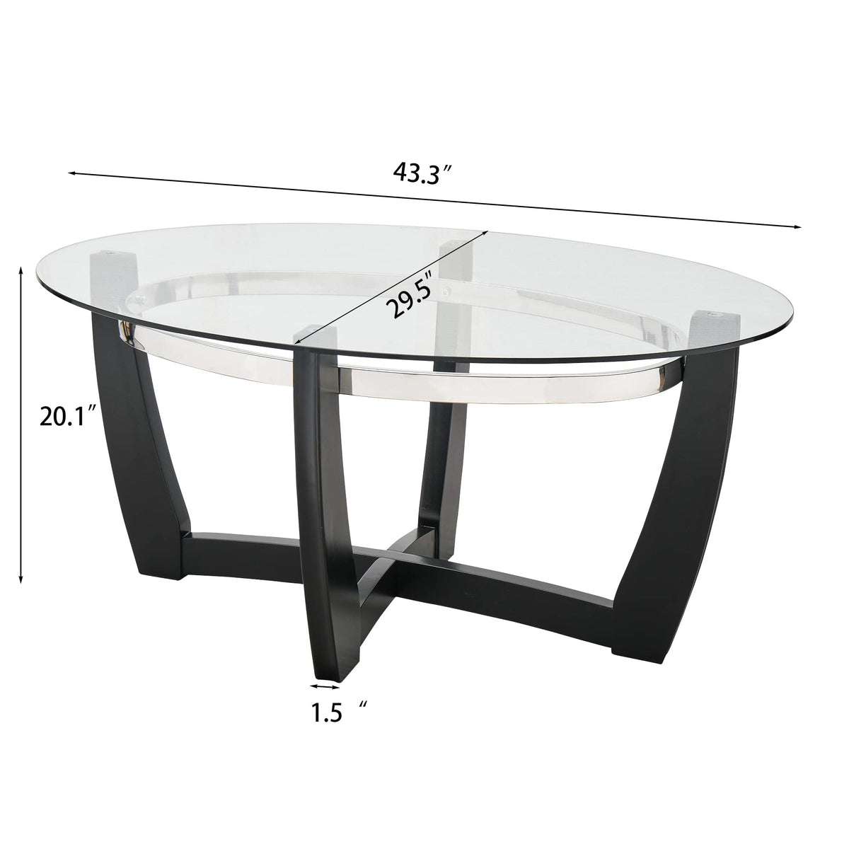 Glass Coffee Table with Solid Wood Base, 43.3''L x 29.5''W x 20.1''H B5379