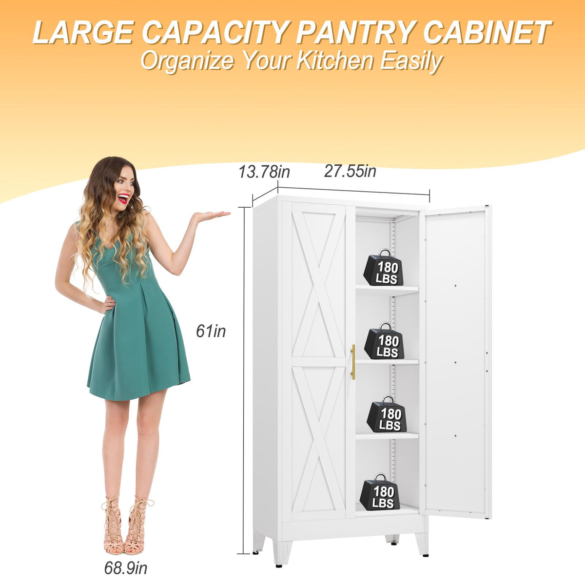 61" Metal Kitchen Pantry Storage Cabinet with 2 Doors and 3 Adjustable Shelves U812417