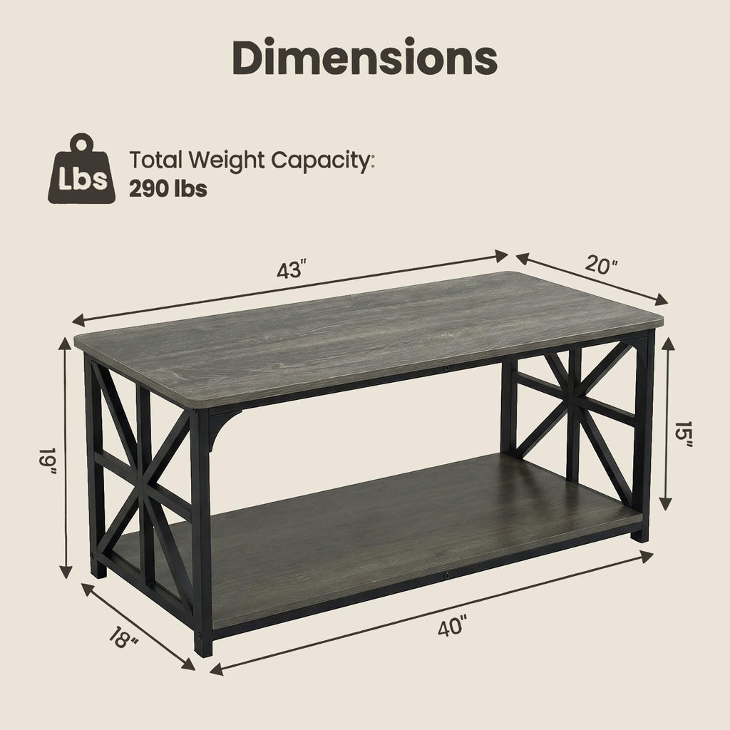 2-Tier Rectangular Coffee Table with Wooden Top and Metal Frame T594
