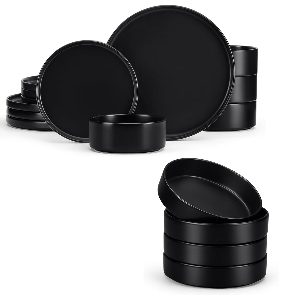 Stoneware Dinnerware Set, 12-Piece Plates and Bowls, Set of 4, Matte Black F285