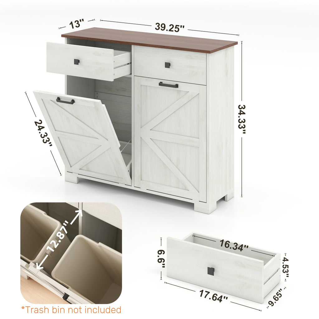 Antique White Wooden Tilt Out Trash Cabinet with 2 Storage Drawers H663