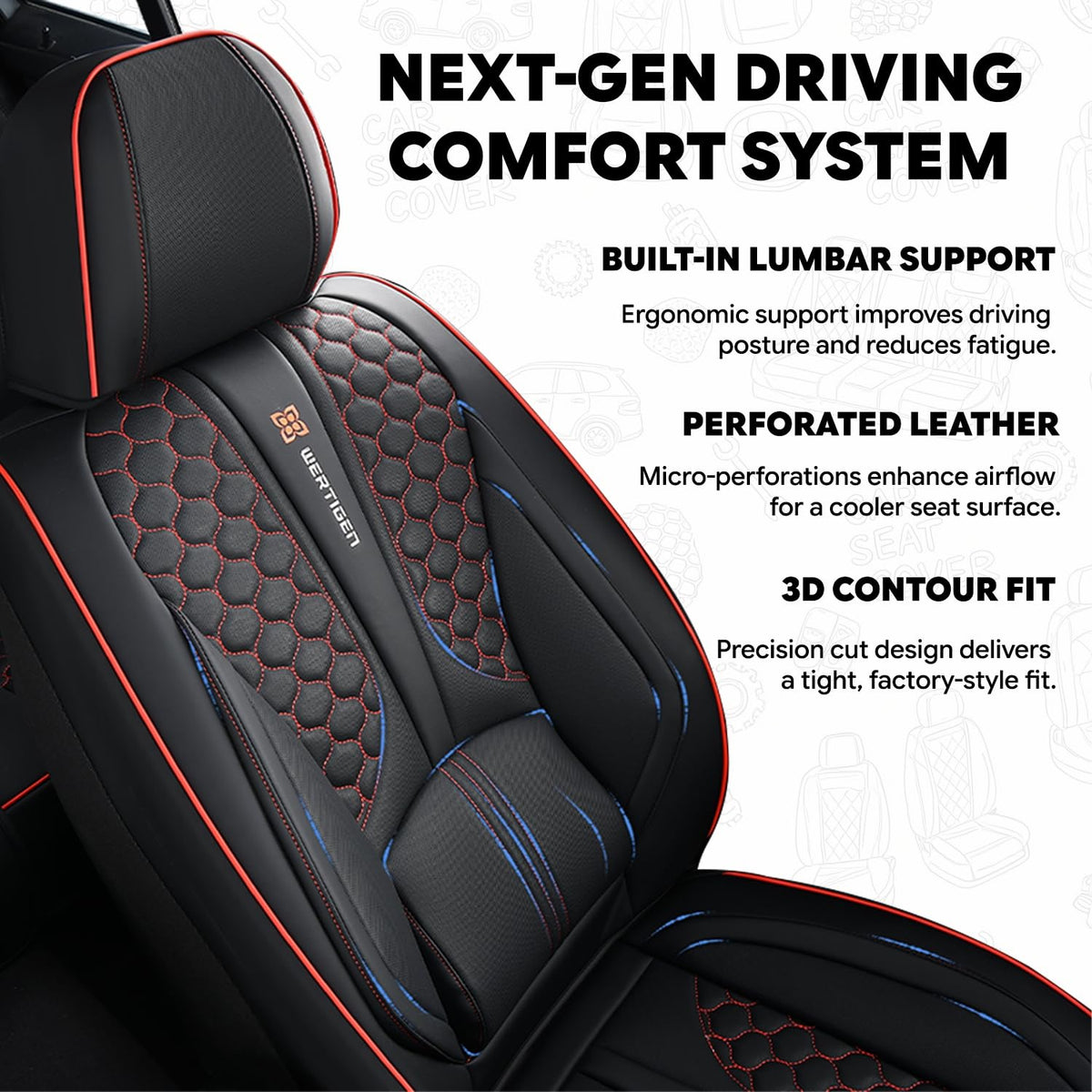 Black and Red Leather Car Seat Cover Set with Lumbar Support C138