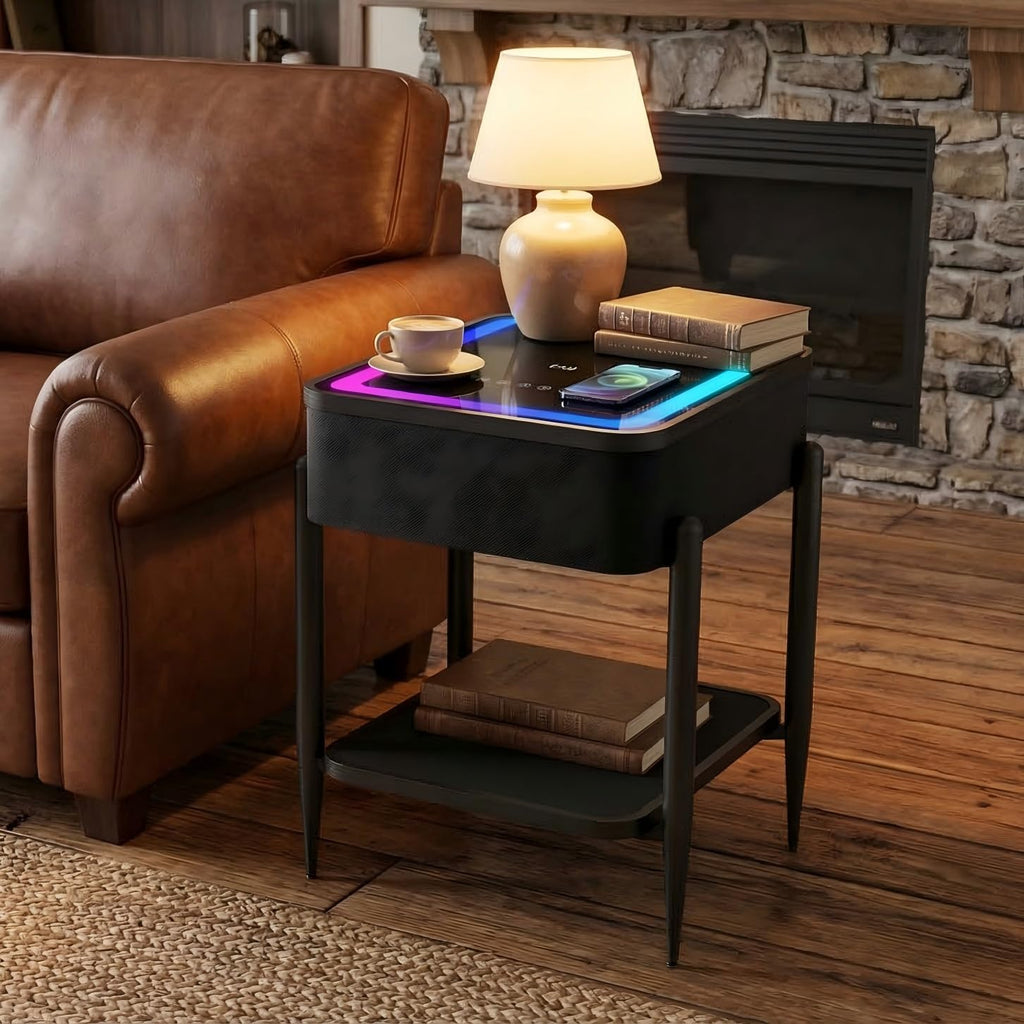 Black LED Smart Nightstand with Bluetooth Speaker & Wireless Charging G754