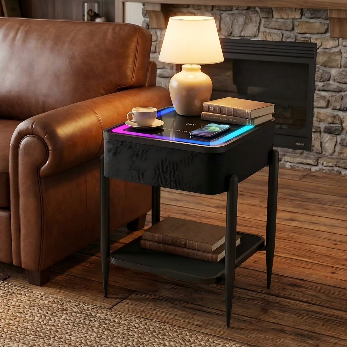 Black LED Smart Nightstand with Bluetooth Speaker & Wireless Charging G754