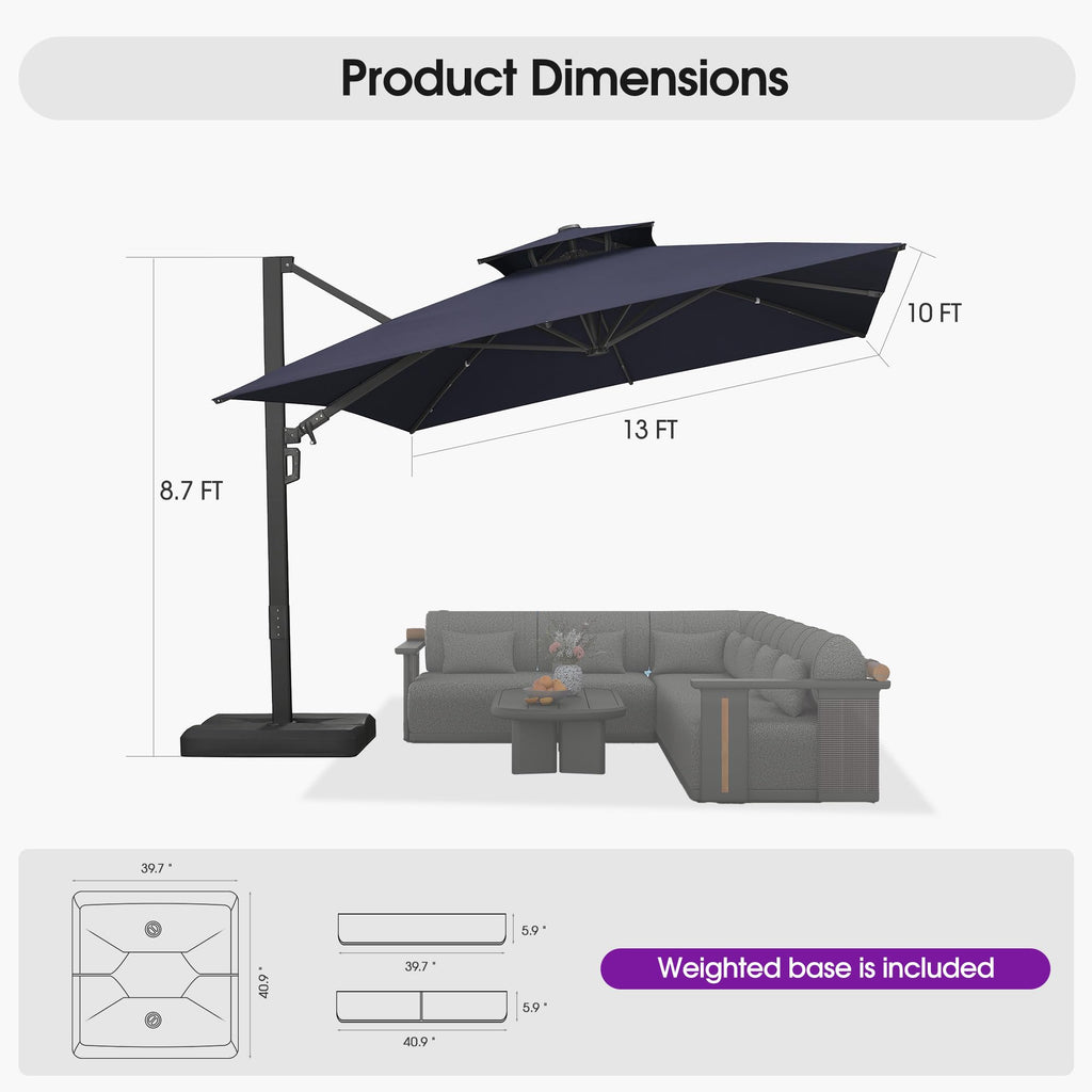 Navy Blue 10' X 13' Dual-Top Cantilever Umbrella with Base B63274