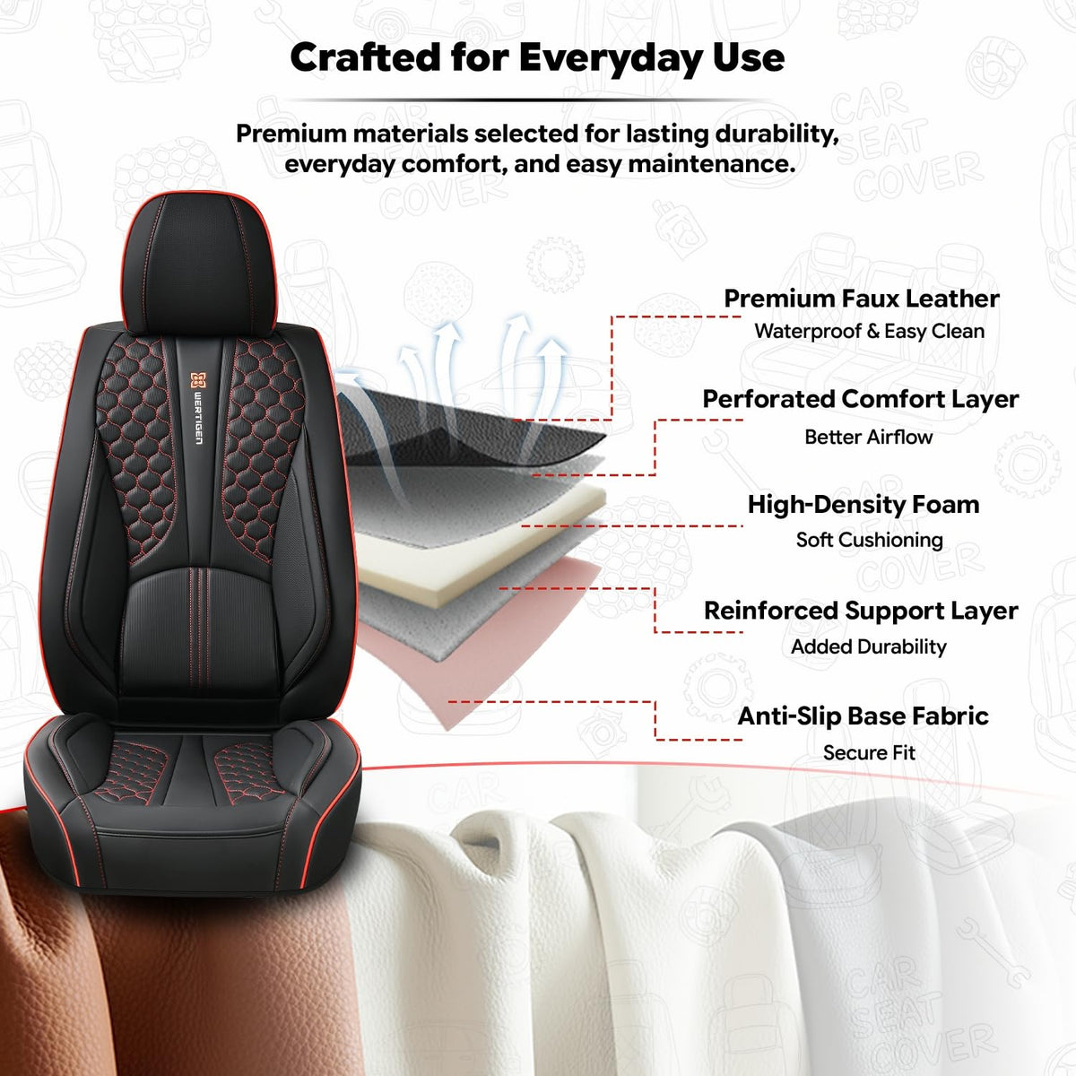 Black and Red Leather Car Seat Cover Set with Lumbar Support C138