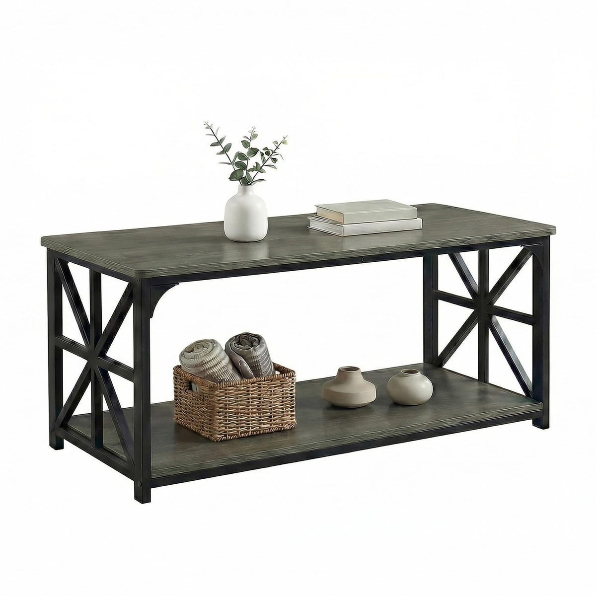 2-Tier Rectangular Coffee Table with Wooden Top and Metal Frame T594