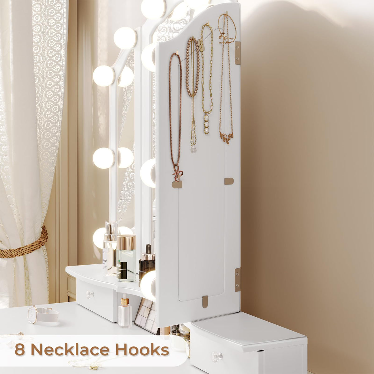 White Vanity Table Set with Lighted Mirror and Stool J66040