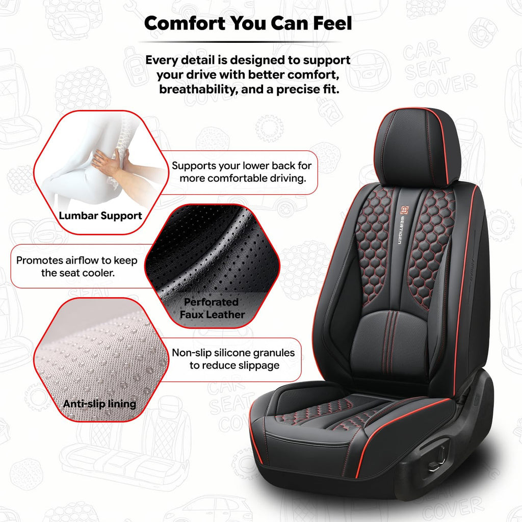 Black and Red Leather Car Seat Cover Set with Lumbar Support C138