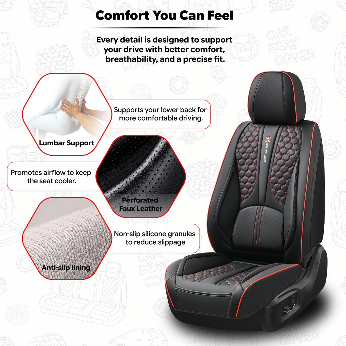 Black and Red Leather Car Seat Cover Set with Lumbar Support C138