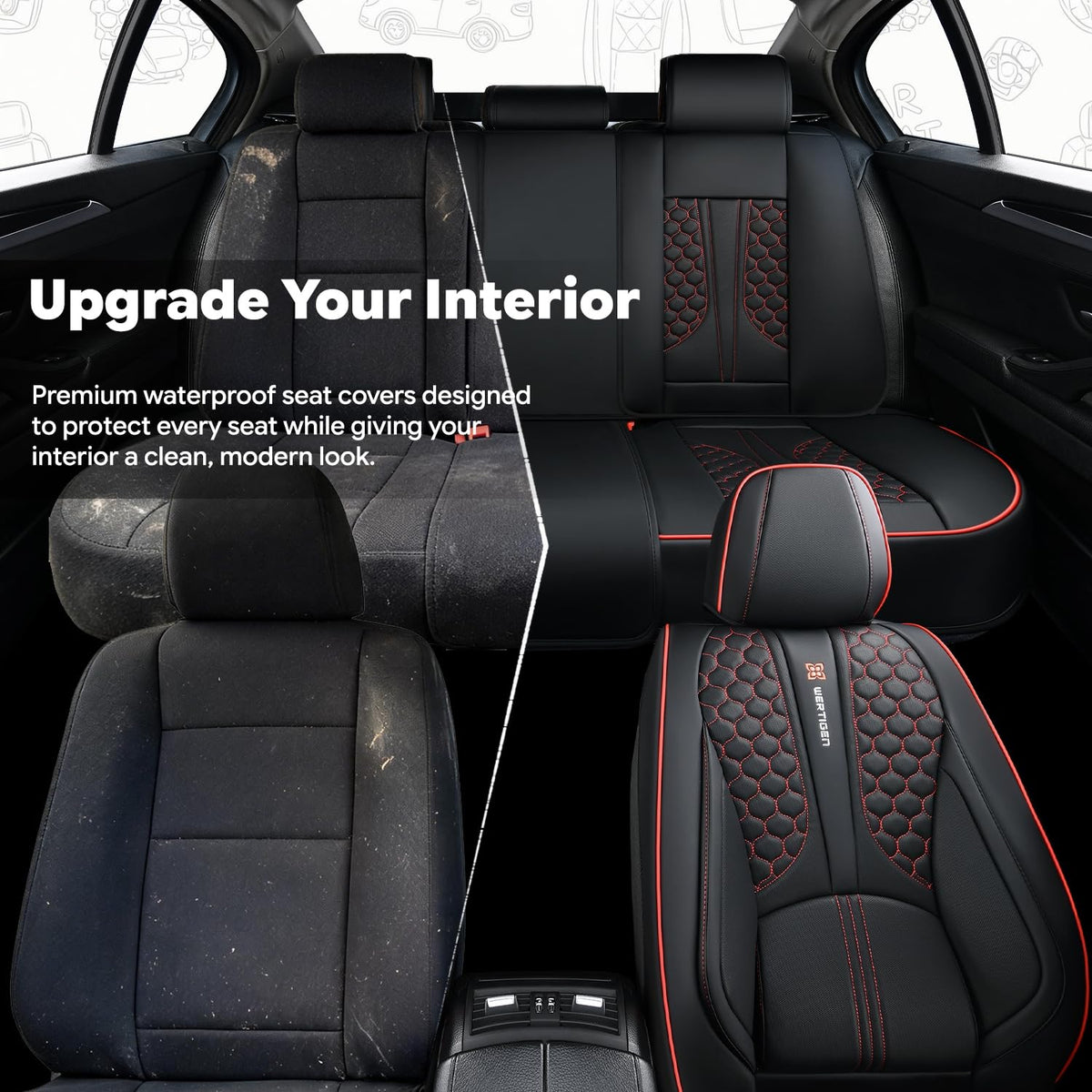 Black and Red Leather Car Seat Cover Set with Lumbar Support C138