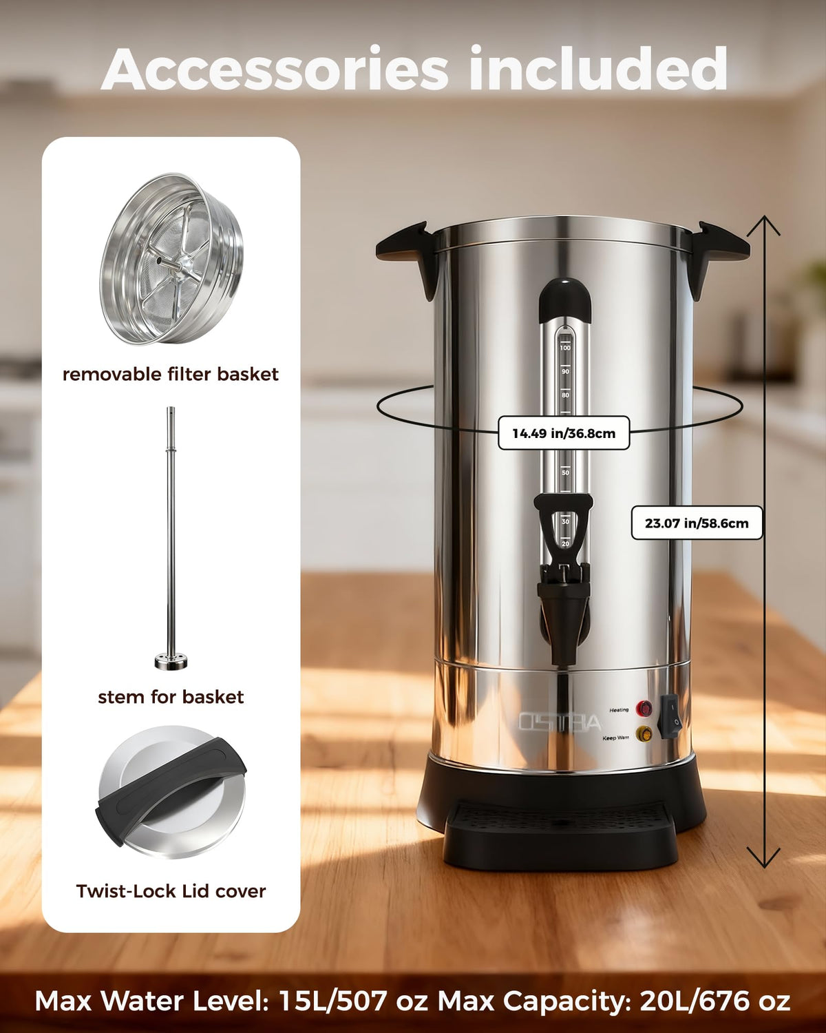 100-Cup Commercial Coffee Urn 15L Stainless Steel Percolator W774132