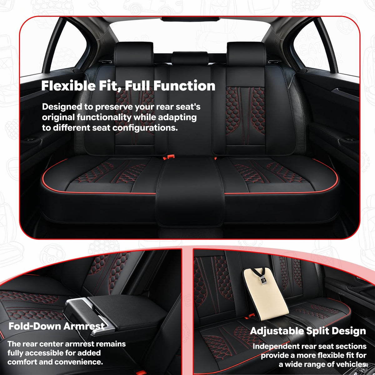 Black and Red Leather Car Seat Cover Set with Lumbar Support C138