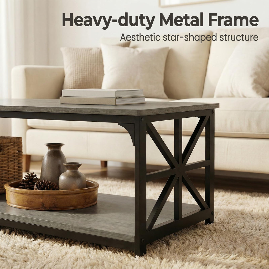 2-Tier Rectangular Coffee Table with Wooden Top and Metal Frame T594