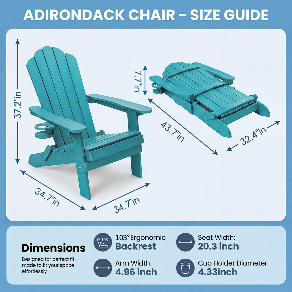 Folding Adirondack Chairs Set of 4 All-Weather Outdoor Chair with Cup Holder A4010
