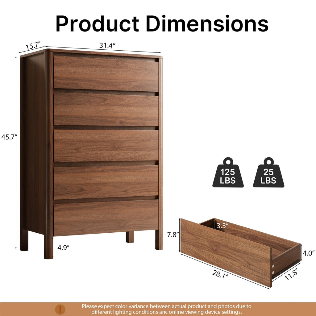 Walnut 5 Drawer Wood Dresser W865682