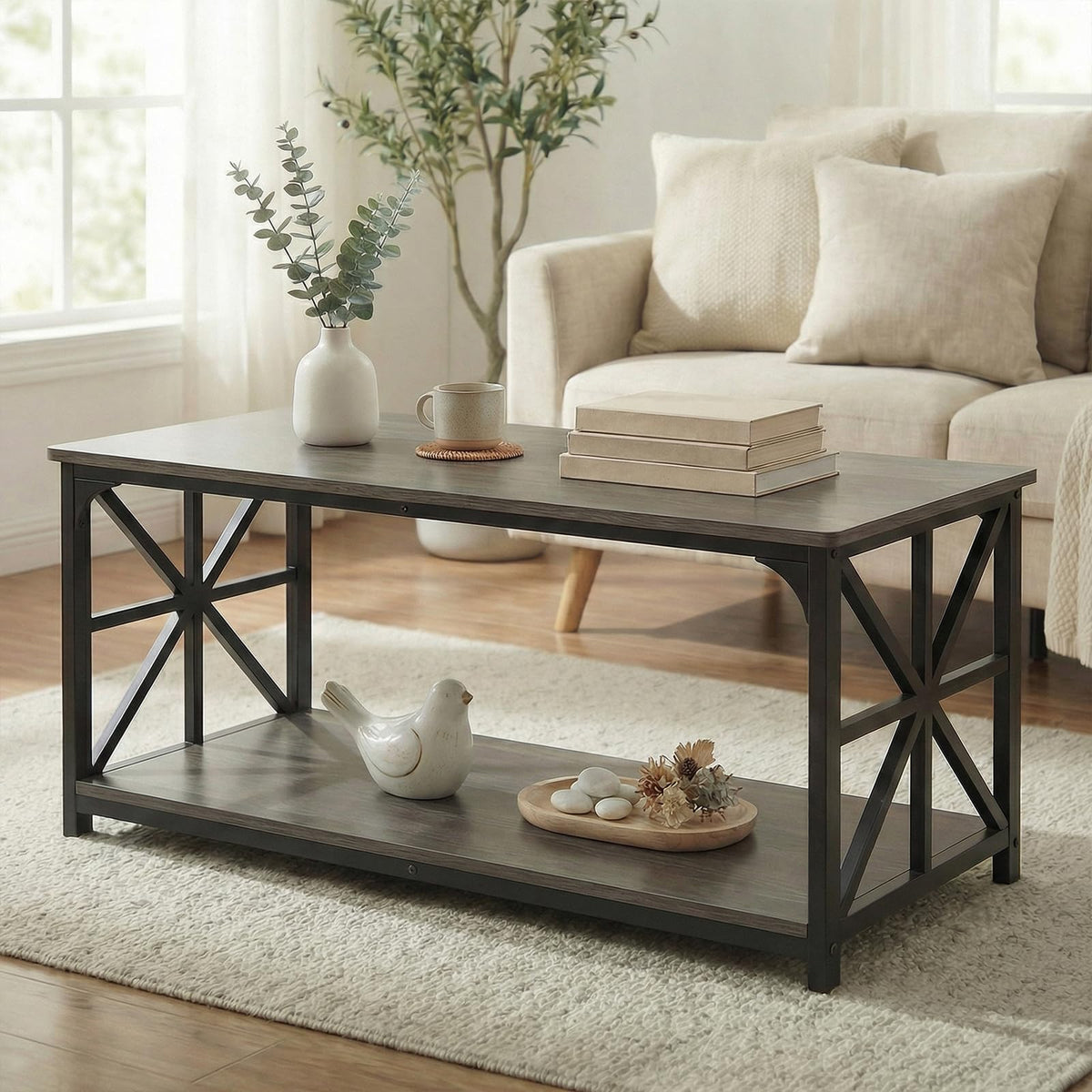 2-Tier Rectangular Coffee Table with Wooden Top and Metal Frame T594