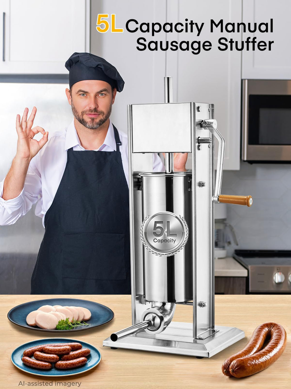 5L Stainless Steel Manual Sausage Stuffer with 4 Stuffing Tubes E142