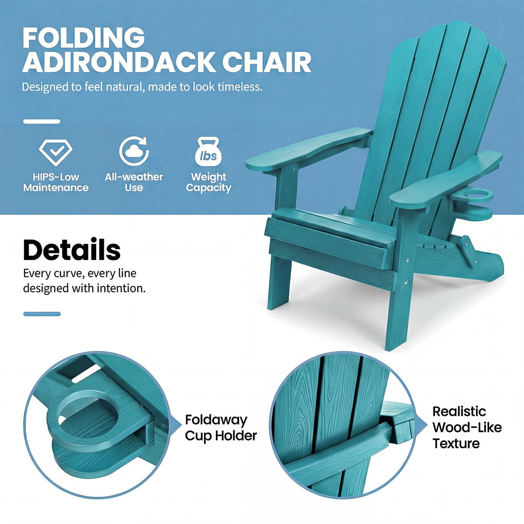 Folding Adirondack Chairs Set of 4 All-Weather Outdoor Chair with Cup Holder A4010