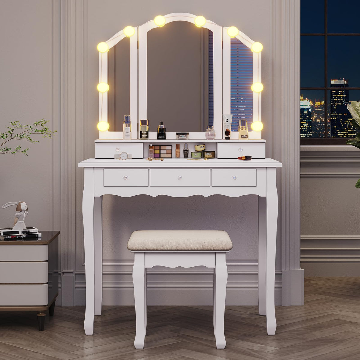 White Vanity Table Set with Lighted Mirror and Stool J66040
