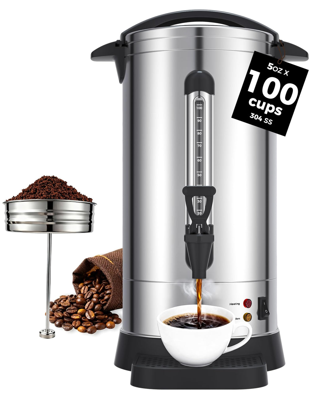 100-Cup Commercial Coffee Urn 15L Stainless Steel Percolator W774132