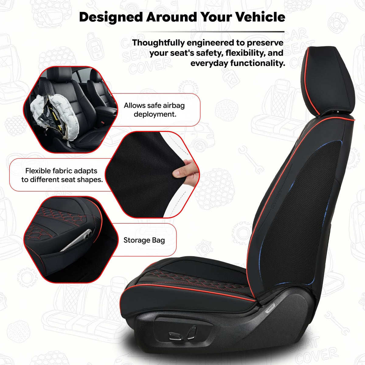 Black and Red Leather Car Seat Cover Set with Lumbar Support C138