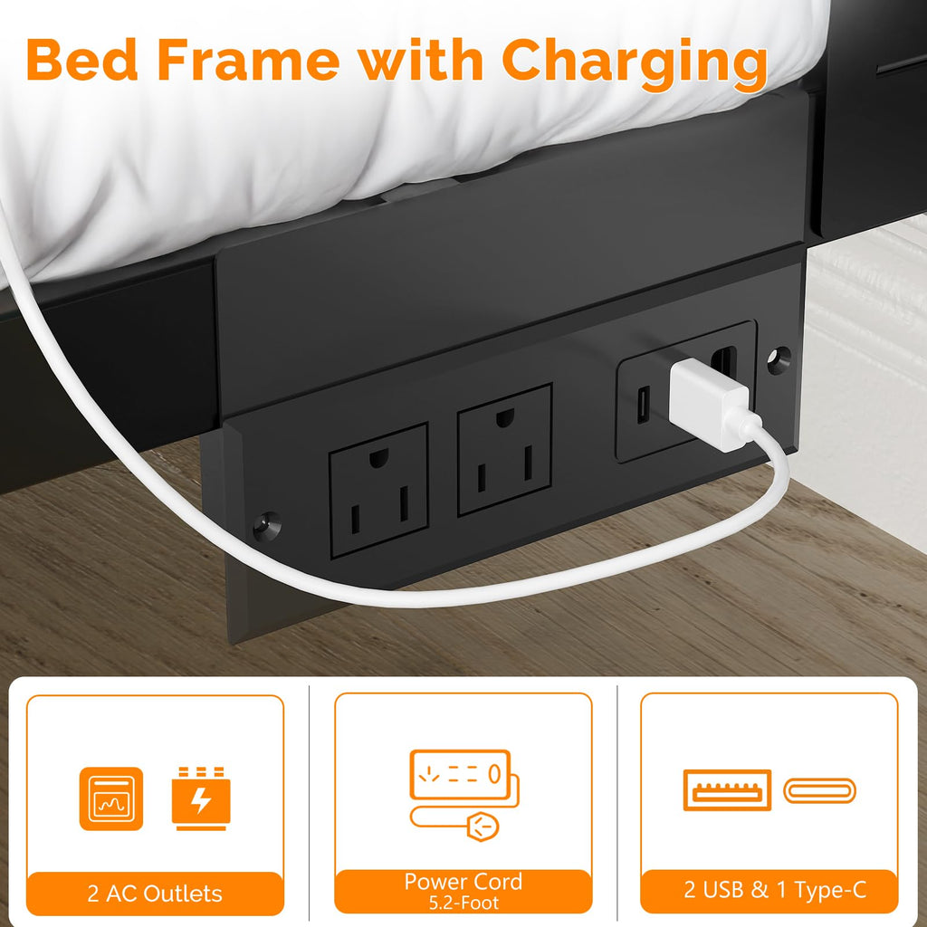 Twin Bed Frame Set of 2 with LED Headboard and USB Charging Station F739