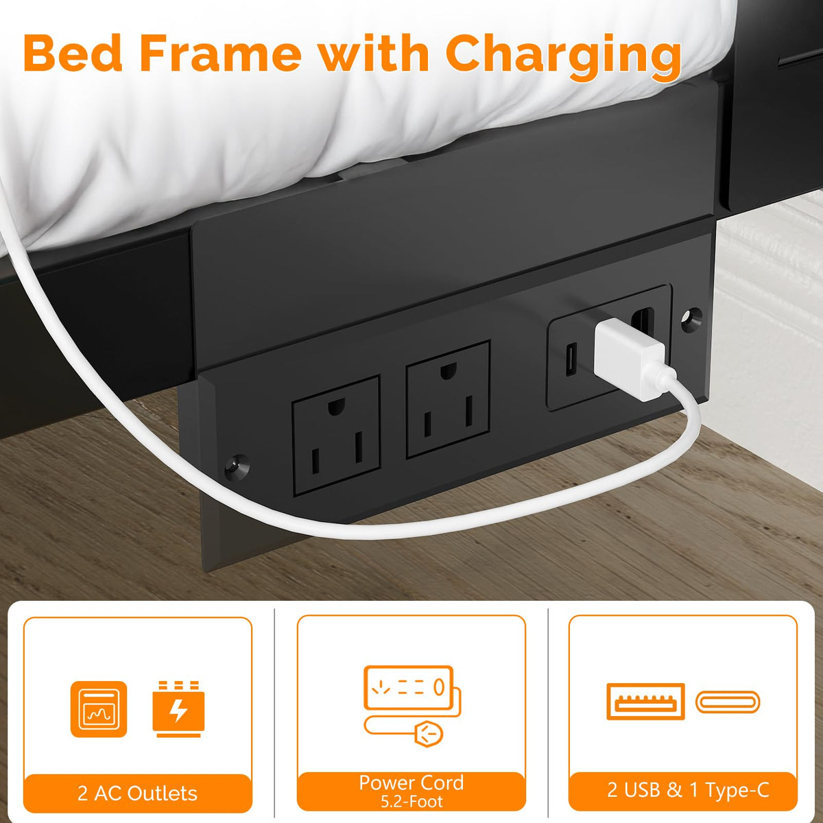 Twin Bed Frame Set of 2 with LED Headboard and USB Charging Station F739