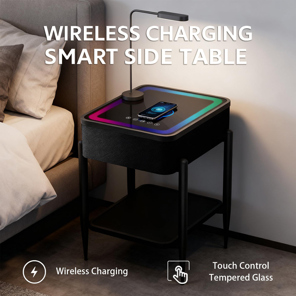 Black LED Smart Nightstand with Bluetooth Speaker & Wireless Charging G754