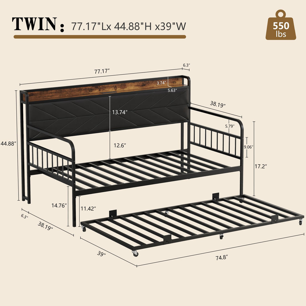 Black Metal Twin Daybed with Trundle and Storage Headboard V7019