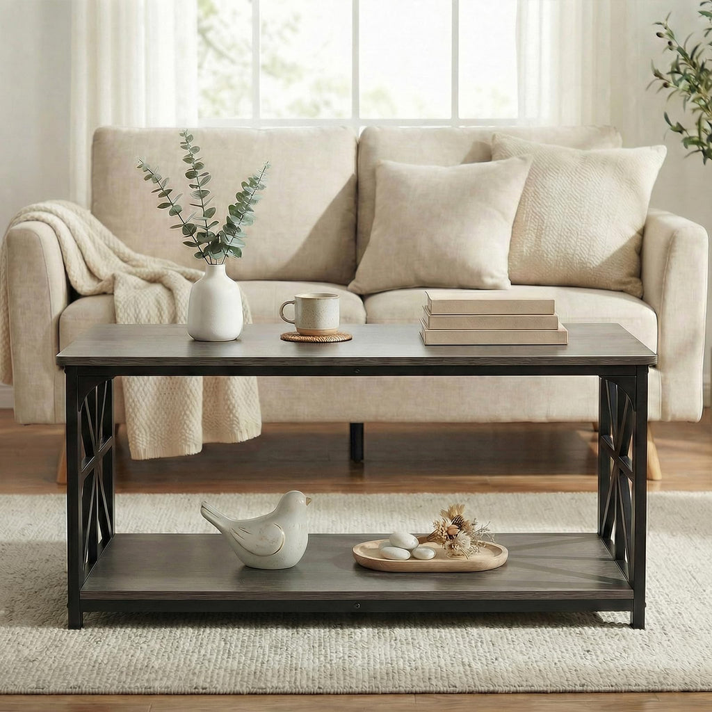 2-Tier Rectangular Coffee Table with Wooden Top and Metal Frame T594