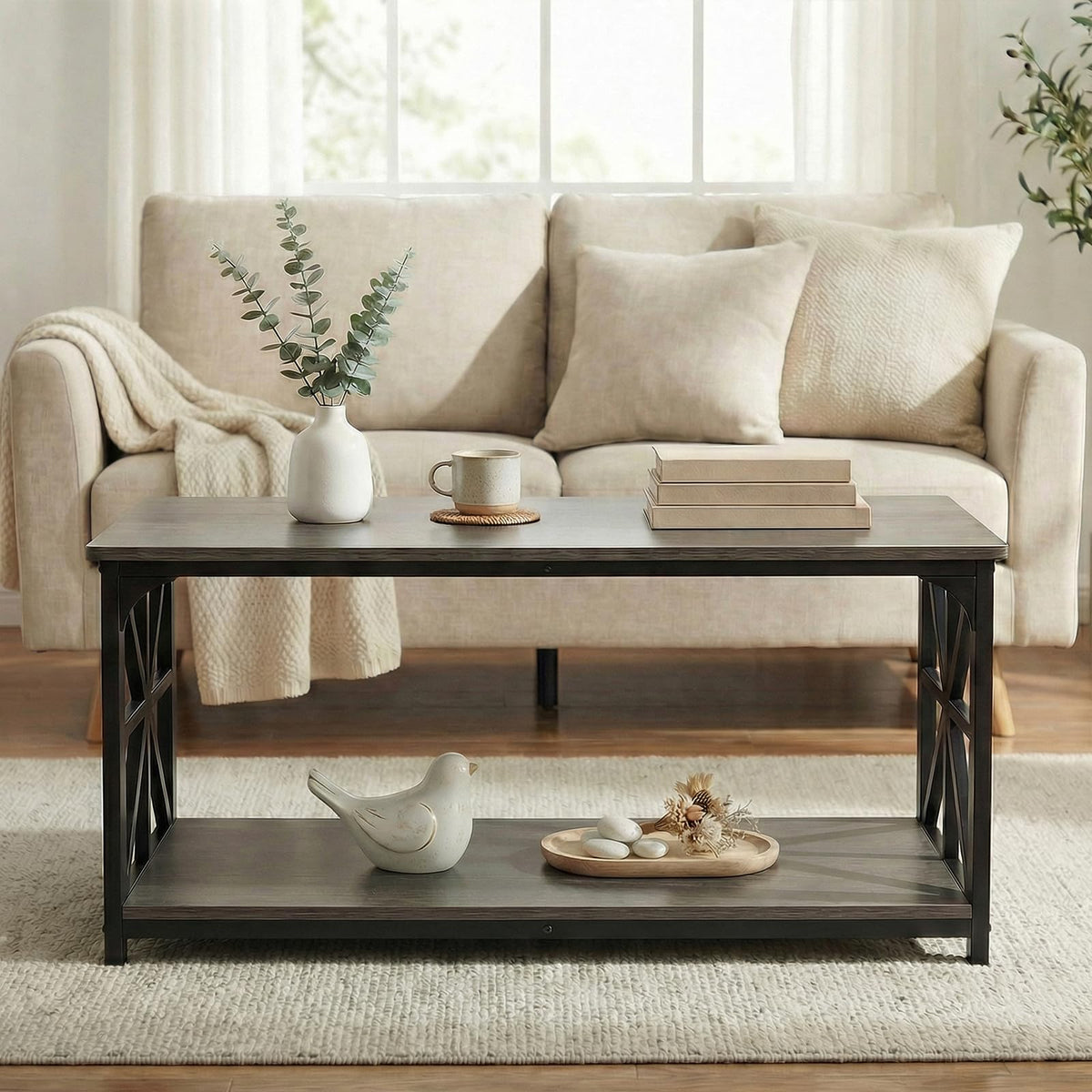 2-Tier Rectangular Coffee Table with Wooden Top and Metal Frame T594