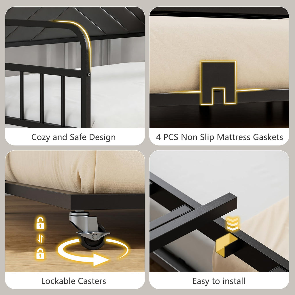 Black Metal Twin Daybed with Trundle and Storage Headboard V7019