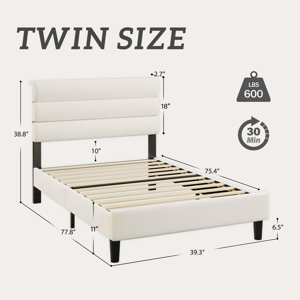 Beige Velvet Upholstered Twin Platform Bed Frame D878