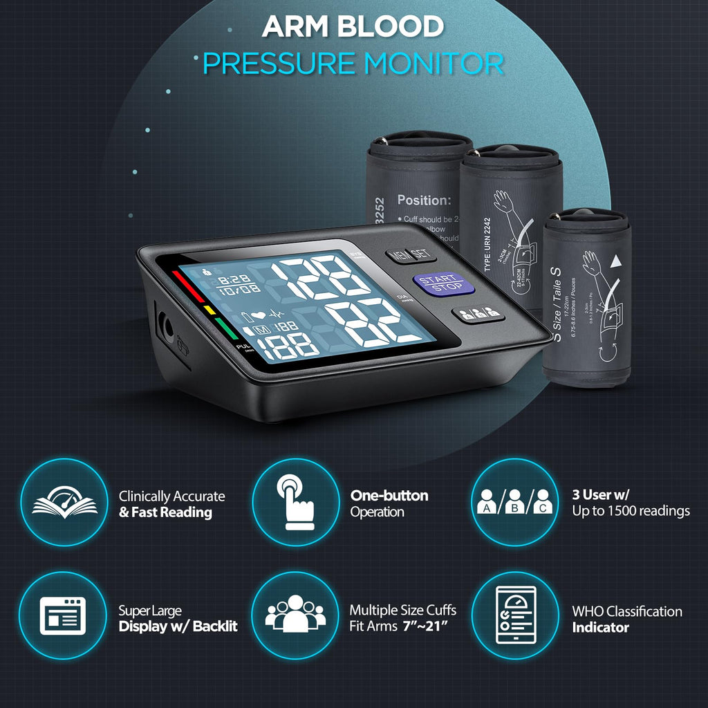 Blood Pressure Machine Upper Arm, 3 Size Cuffs, Automatic Digital BP Monitor, Large Backlit LCD I215386