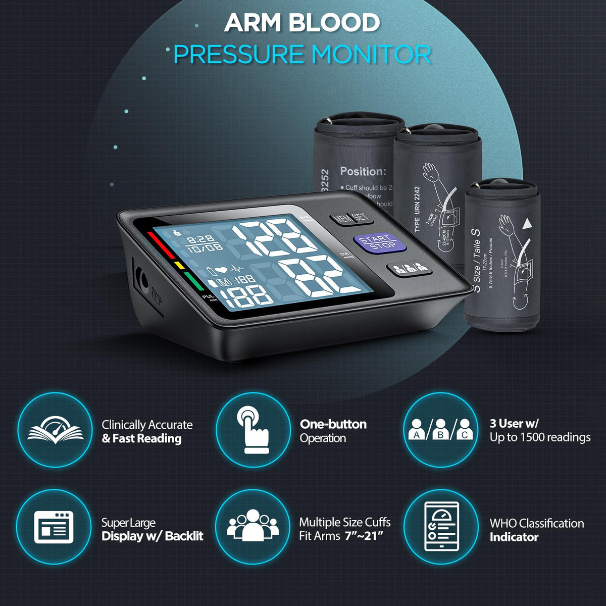 Blood Pressure Machine Upper Arm, 3 Size Cuffs, Automatic Digital BP Monitor, Large Backlit LCD I215386