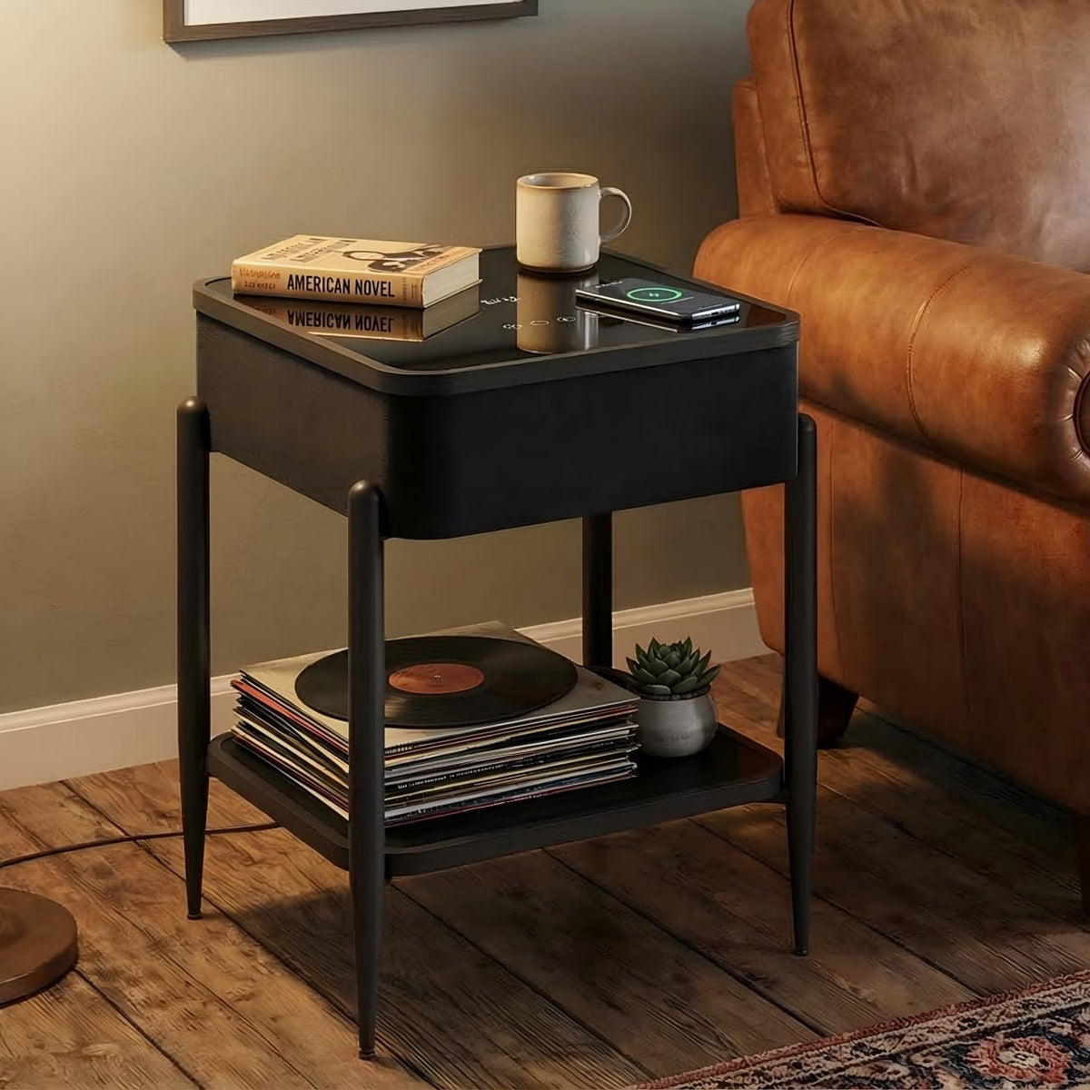 Black LED Smart Nightstand with Bluetooth Speaker & Wireless Charging G754