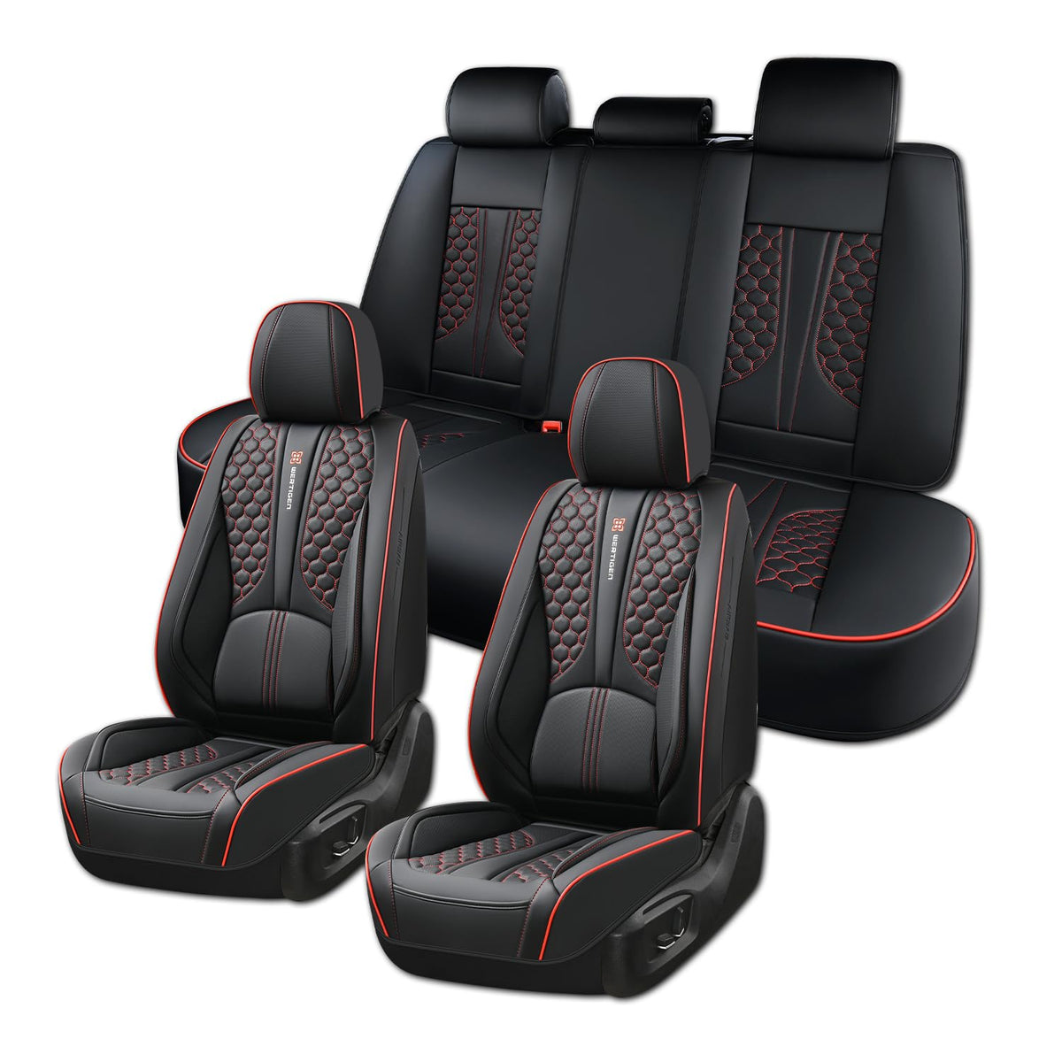 Black and Red Leather Car Seat Cover Set with Lumbar Support C138