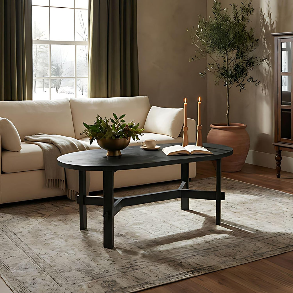 Black Oval Solid Acacia Wood Coffee Table O991456