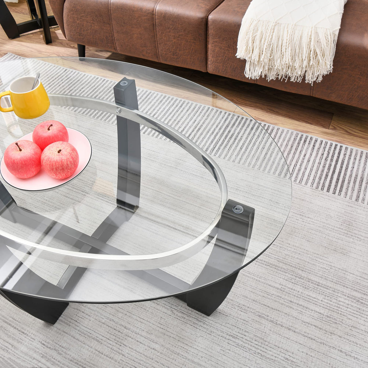 Glass Coffee Table with Solid Wood Base, 43.3''L x 29.5''W x 20.1''H B5379