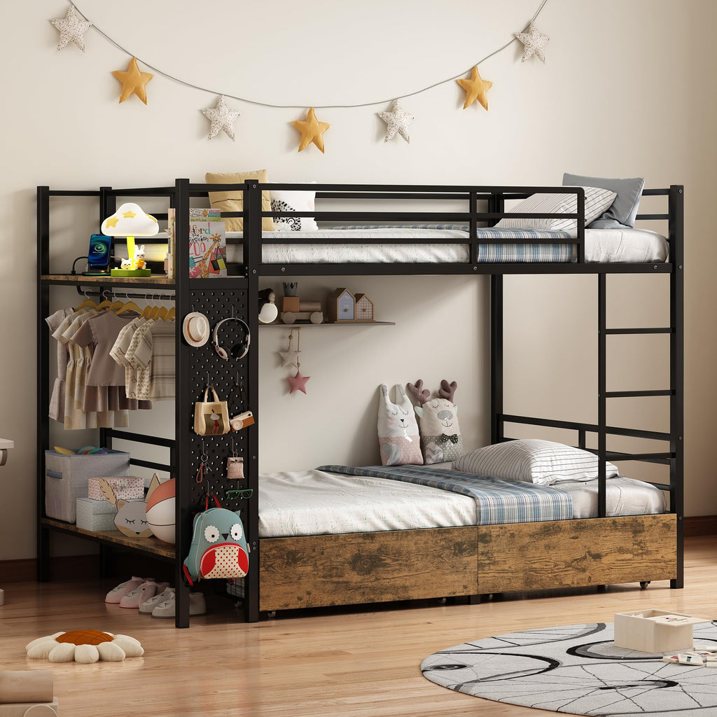Twin Over Twin Metal Bunk Bed with Storage N910044