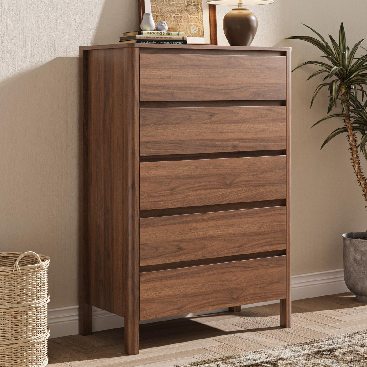 Walnut 5 Drawer Wood Dresser W865682