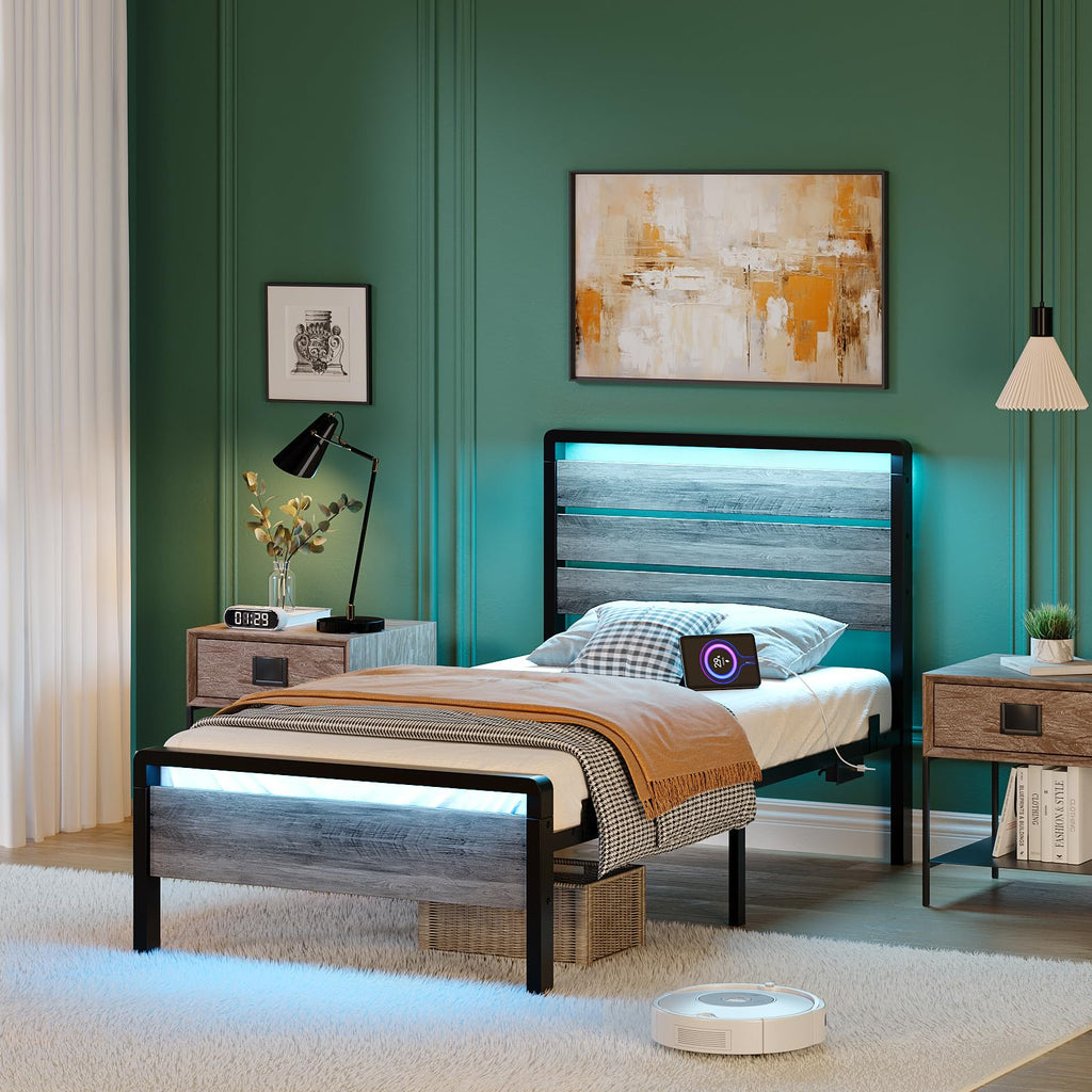 Twin Bed Frame Set of 2 with LED Headboard and USB Charging Station F739