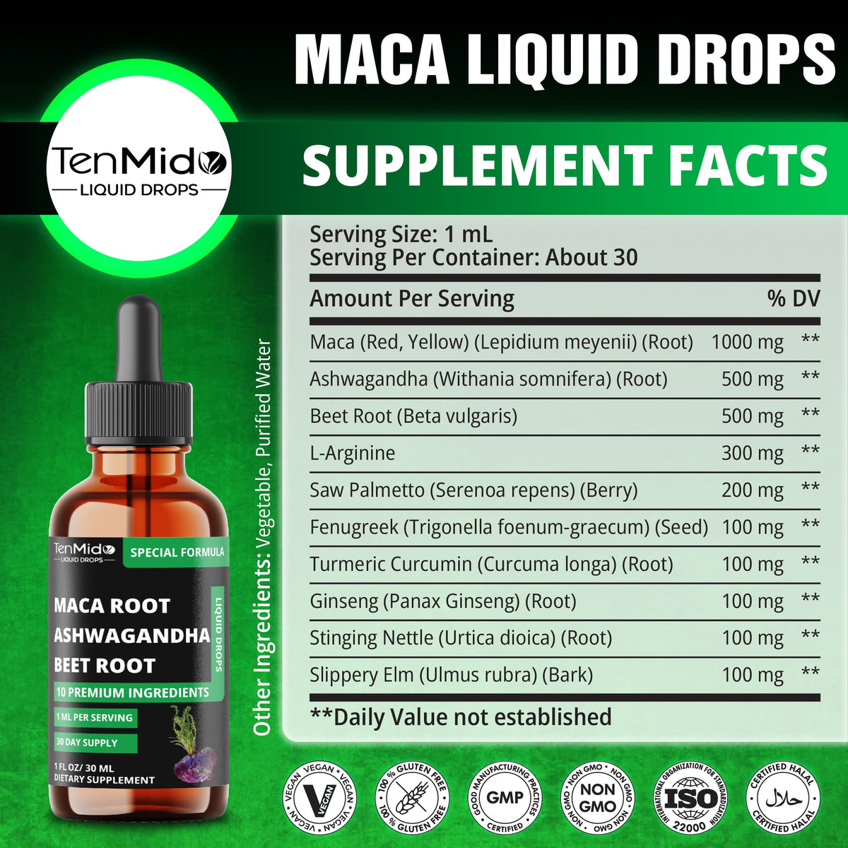 Maca Liquid Drops with Ashwagandha, Fenugreek, Beet Root, L-Arginine, Turmeric, Ginseng O15122