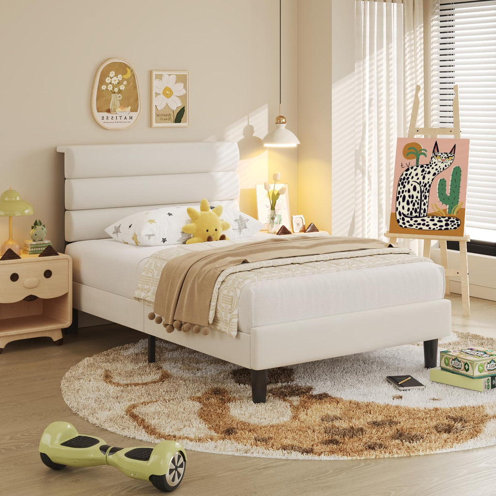 Beige Velvet Upholstered Twin Platform Bed Frame D878